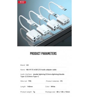 Cablu adaptor 2 in 1: incarcare + jack 3,5mm compatibil Lighting (Iphone) COD:XO-NB-R172B
