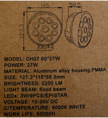 Proiector LED CH07-02 rotund  27W cu angel eyes ALB, Spot Beam 30Â° 12-24Vâ€‹ LW015