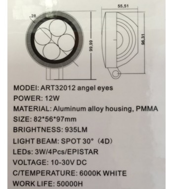 Proiector LED ART32012 12W SPOT 4D cu angel eyes 12-24V