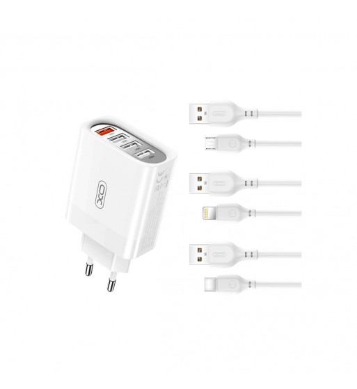 incarcator retea 4 usb : 1usb quick charge qc3.0 + 3usb 2.4a cu cablu  type-c  cod:xo-l100c